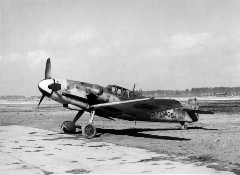 Finnish Air Force Messerschmitt Bf 109G-6 fighter aircraft MT-408 of squadron HLeLv 34, photographed in Finland, spring 1944.