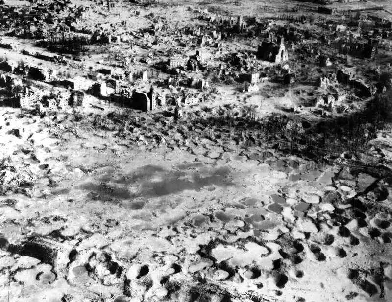 Aerial view of the German city of Wesel after Allied bombing raids in February 1945 showing widespread urban destruction.