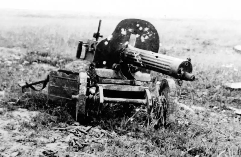 Battle-damaged Soviet Maxim M1910/30 heavy machine gun abandoned on the Eastern Front during the summer of 1941.