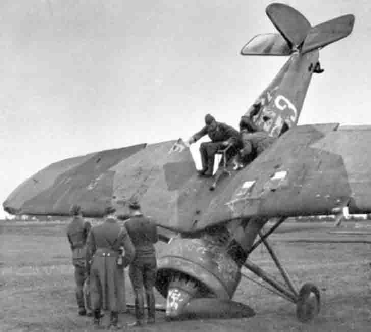 Fighter PZL P.11S after emergency landing