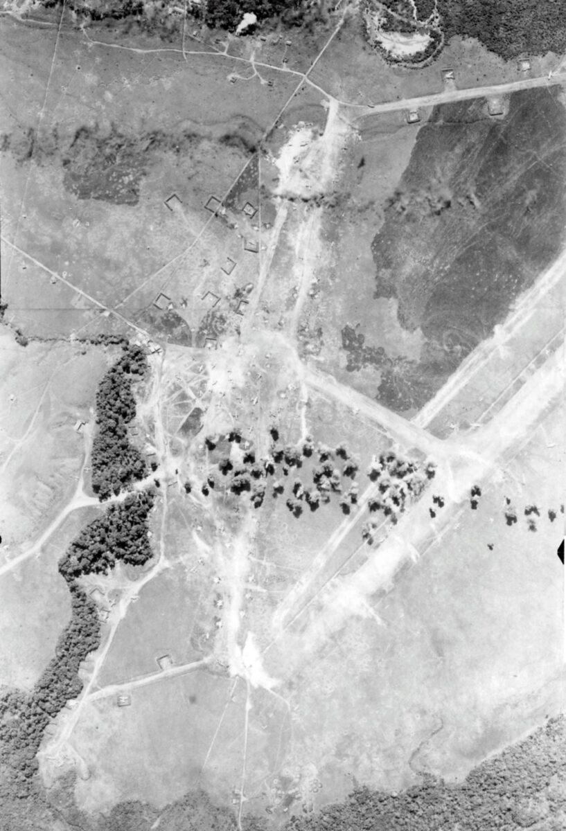 Aerial view of the bombing of a Japanese airfield