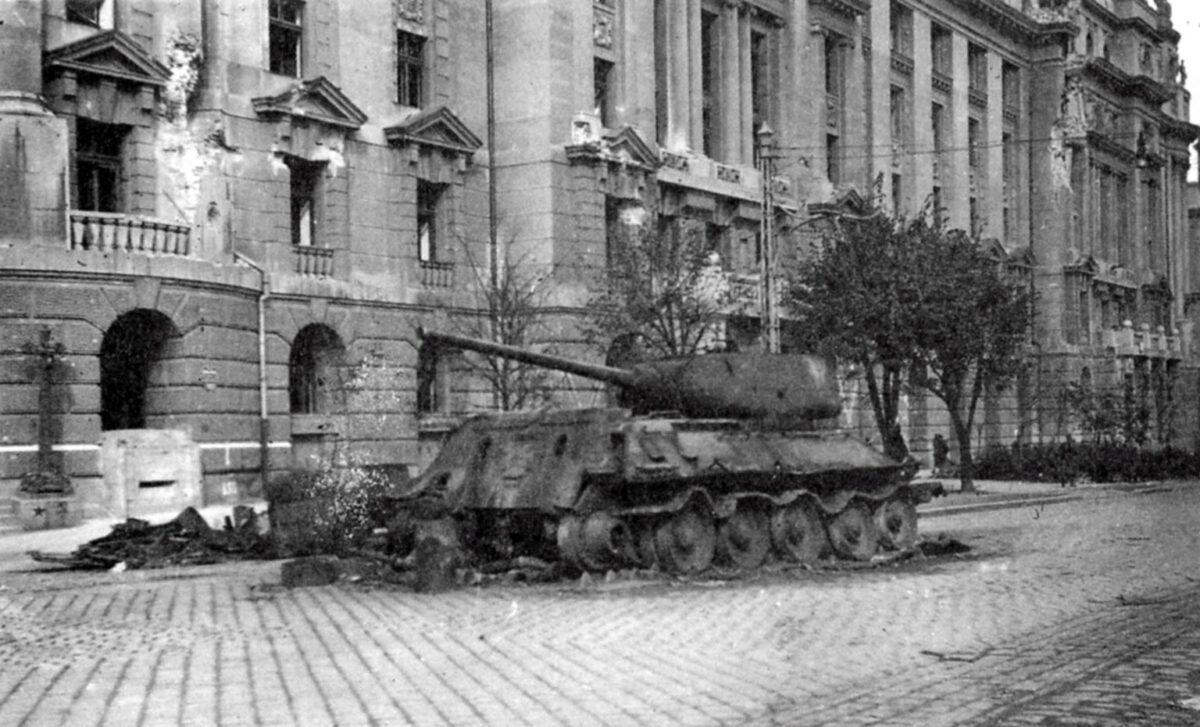 Destroyed and burned down Soviet tank T-34-85
