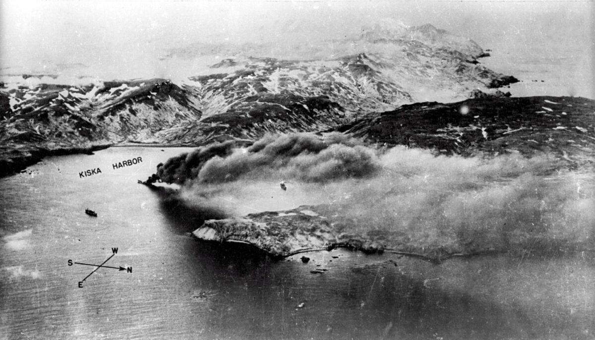 Aerial view of the aftermath of the bombing of a Japanese naval base on Kiska Island