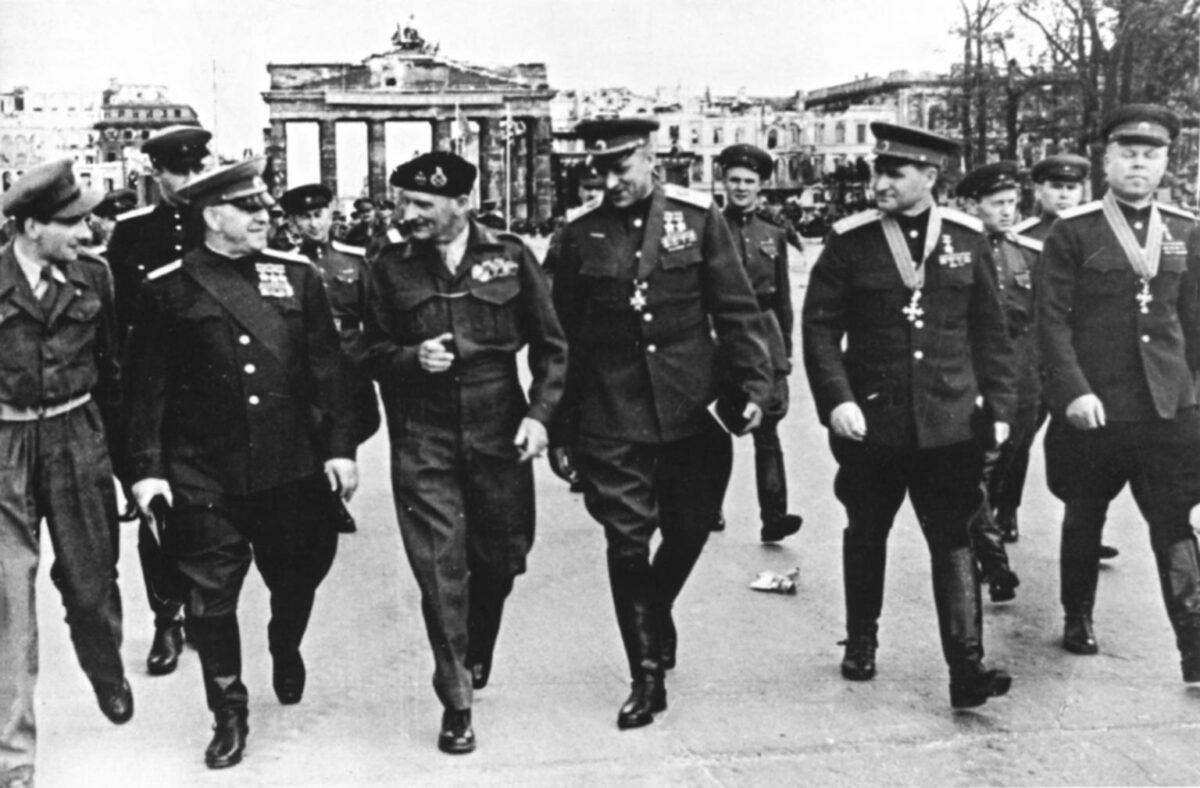 Soviet military leaders G. Zhukov, K. Rokossovsky, V. Sokolovsky, M. Malinin and British Field Marshal Montgomery