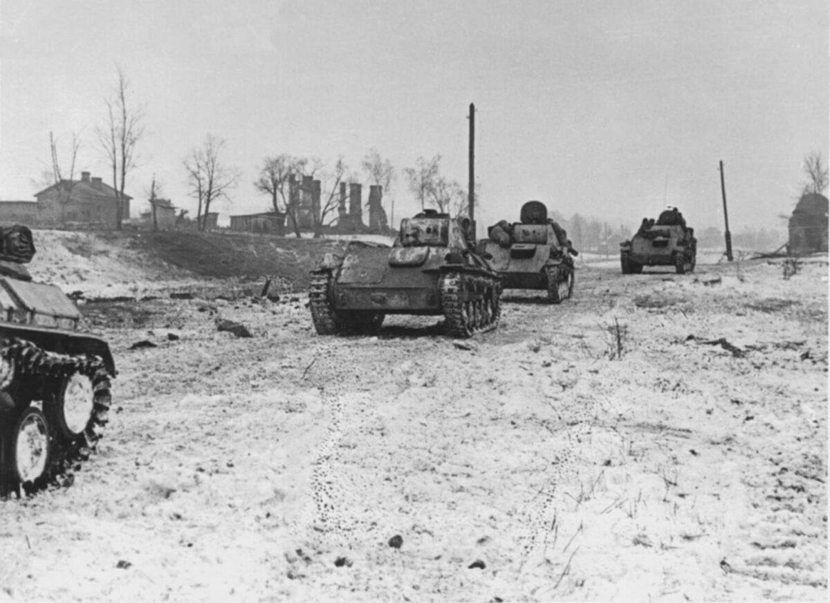 A convoy of Soviet T-70 tanks